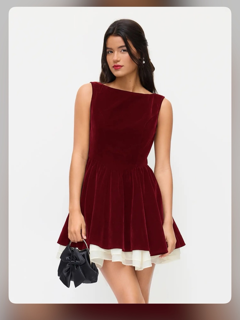 VELVET BOAT NECK RUFFLE TIE BACK TWO TONE PATCHED BACKLESS MINI BABYDOLL DRESS M - Picture 7 of 8